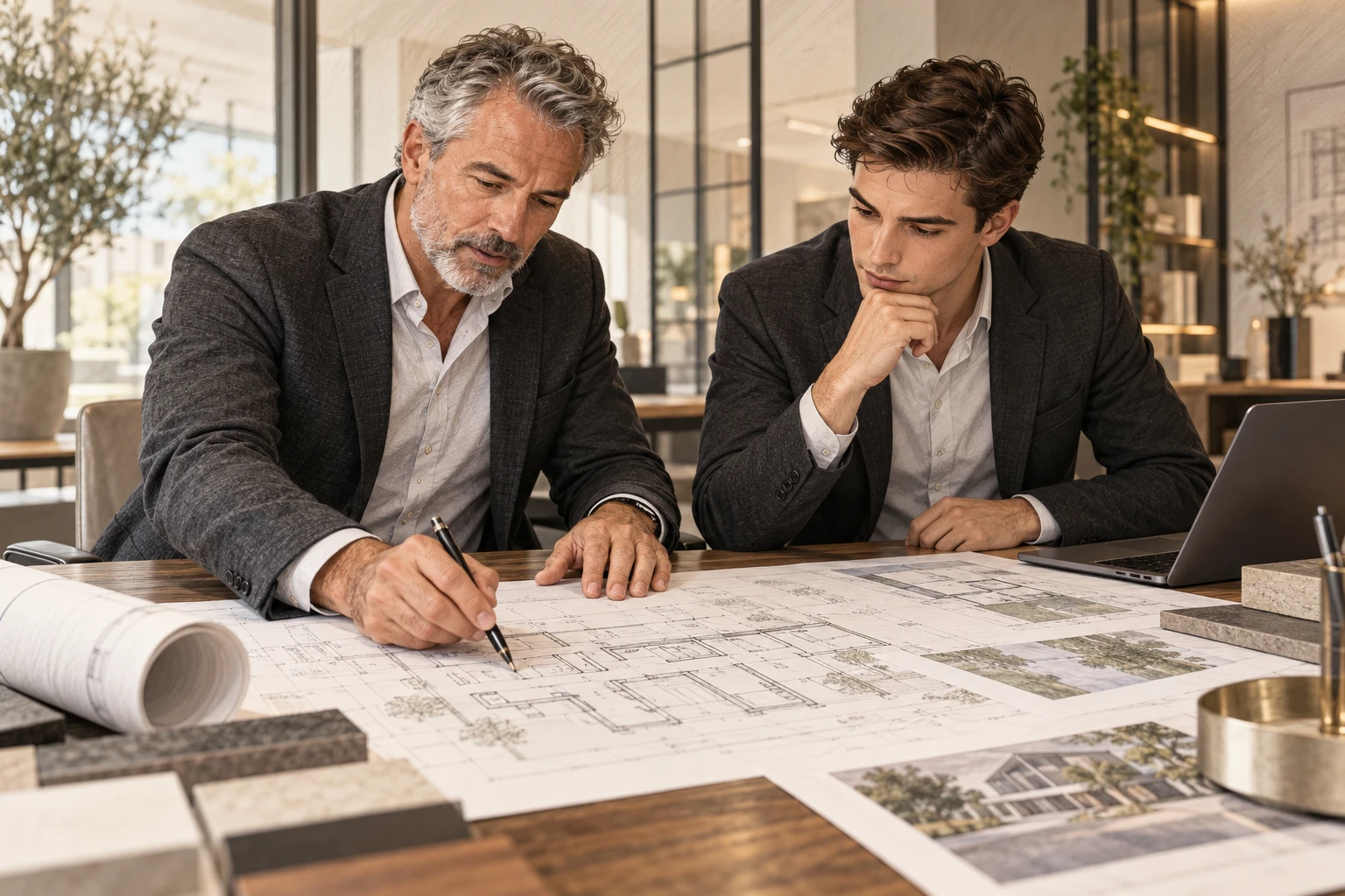 Illustratie van twee projectadviseurs die samen bouwplannen beoordelen aan een bureau.